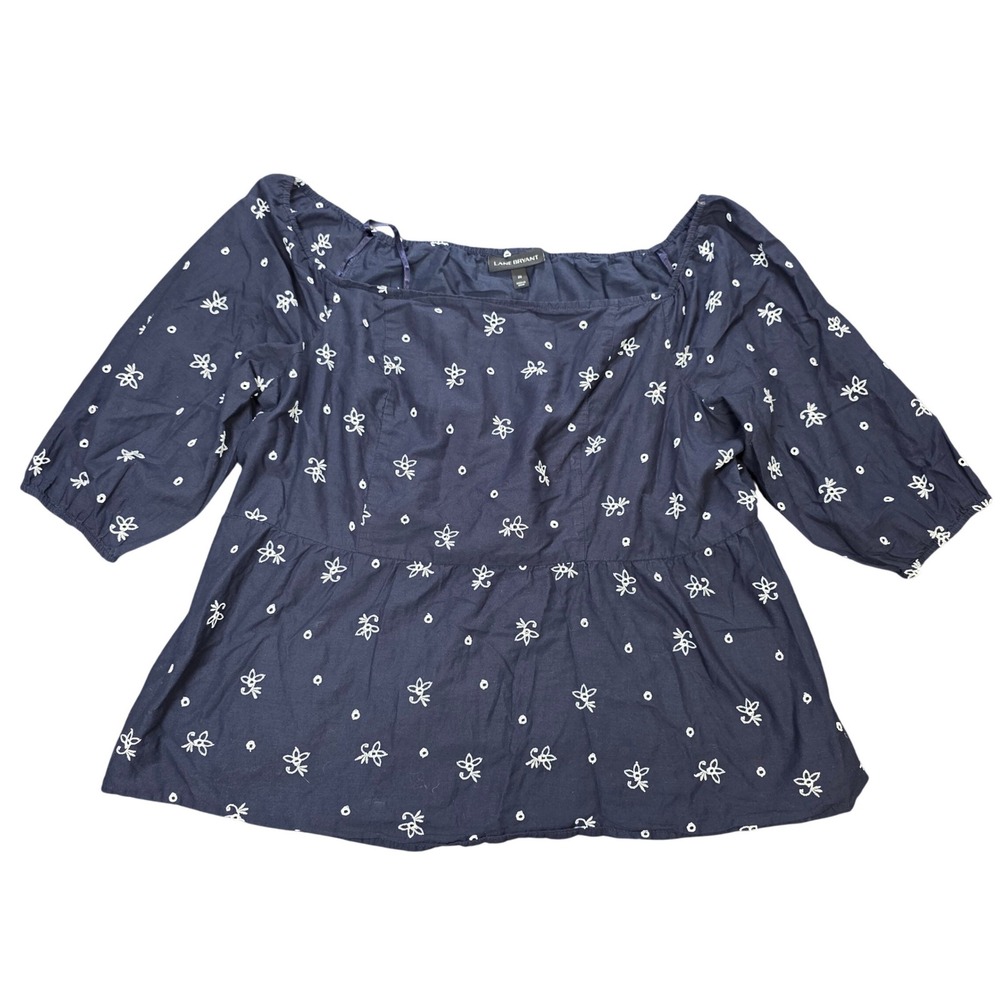 Lane Bryant Peplum Blouse Women's Size 20 Navy Blue Floral Embroidered Cotton